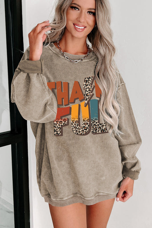 Khaki Leopard THANKFUL Graphic Corded Thanksgiving Sweatshirt Graphic Sweatshirts JT's Designer Fashion