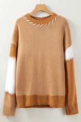 Light French Beige Color Block Contrast Stitch Oversized Sweater Sweaters & Cardigans JT's Designer Fashion