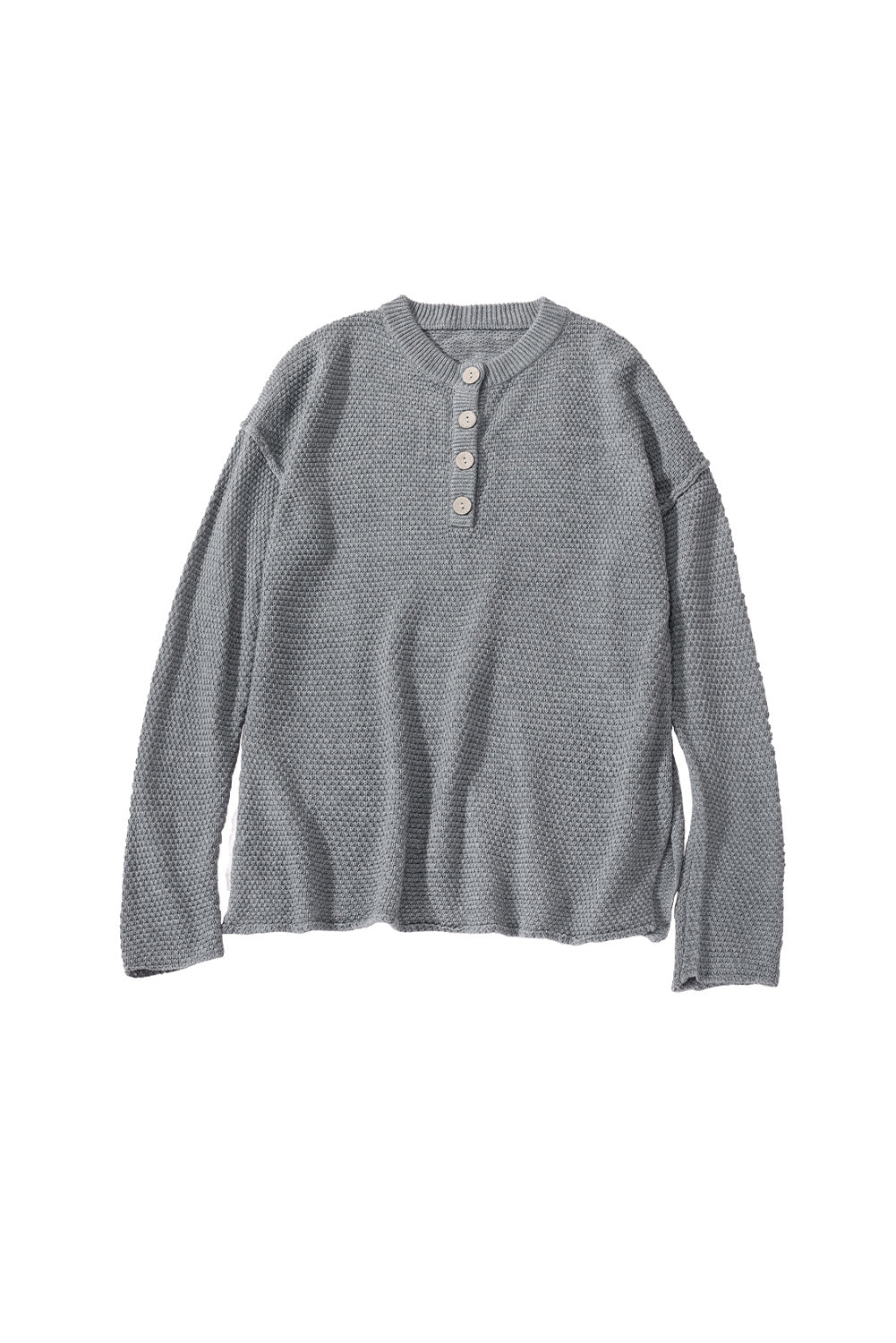 Gray Henley Pullover Drop Shoulder Sweater with Slits Sweaters & Cardigans JT's Designer Fashion