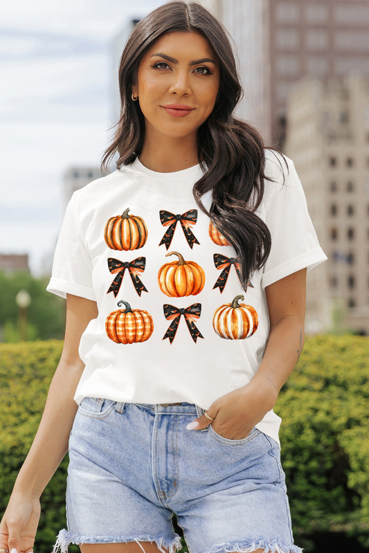White Halloween Pumpkin Bow Knot Print Crew Neck Tee Graphic Tees JT's Designer Fashion