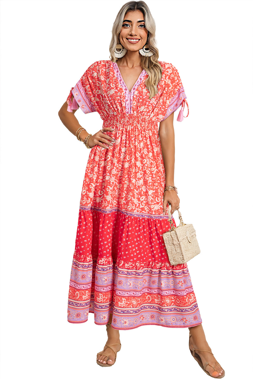 Red Floral Print Tasseled Tied Sleeve Empire Waist Maxi Dress Floral Dresses JT's Designer Fashion