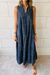 Real Teal Sleeveless Tiered Chambray Maxi Dress Dresses JT's Designer Fashion