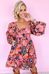 Pink Bohemian Square Neck Puff Sleeve Mini Dress Mini Dresses JT's Designer Fashion