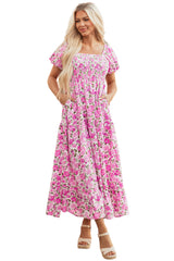 Pink Dainty Floral Smocked Puff Sleeve Flowy Long Dress Maxi Dresses JT's Designer Fashion