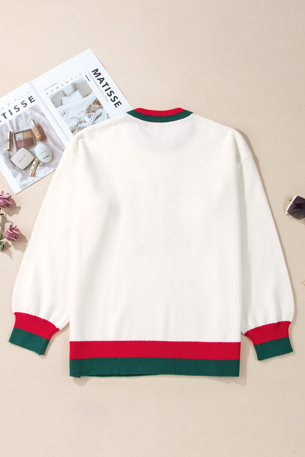 White Tinsel holly jolly Pattern Colorblock Edge Drop Shoulder Plus Size Sweater Plus Size Sweaters & Cardigans JT's Designer Fashion