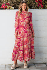 Rose Floral Print Buttoned Smocked High Waist Maxi Dress Rose 100%Cotton Floral Dresses JT's Designer Fashion