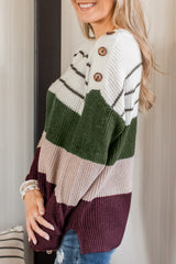 Green Color Block Striped Buttoned Shoulder Split Sweater Sweaters JT's Designer Fashion