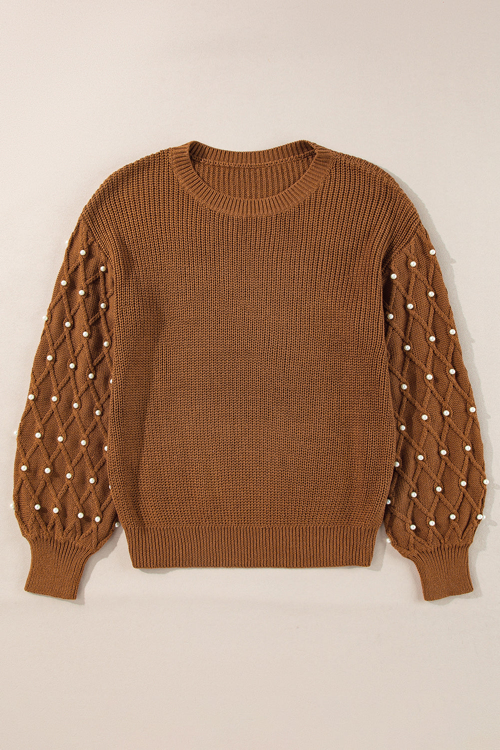 Chestnut Beaded Drop Shoulder Round Neck Sweater Sweaters JT's Designer Fashion