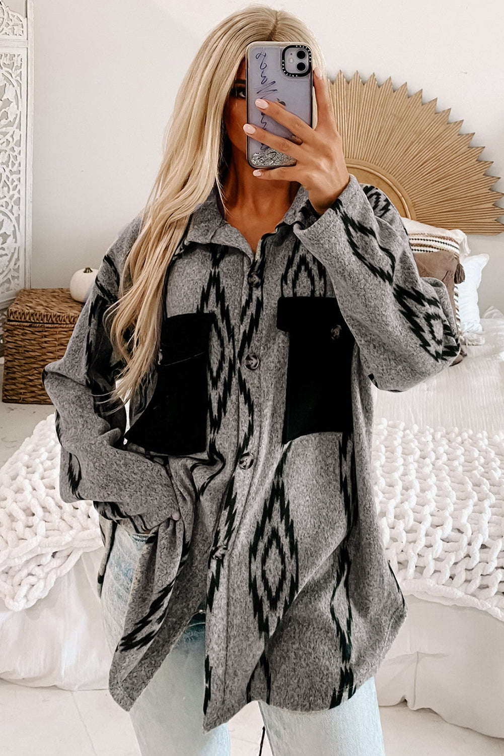 Gray Aztec Contrast Chest Pockets Loose Shacket Jackets JT's Designer Fashion