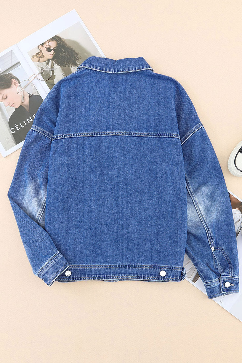 Blue Chest Pockets Drop Shoulder Loose Denim Jacket Denim Jackets JT's Designer Fashion