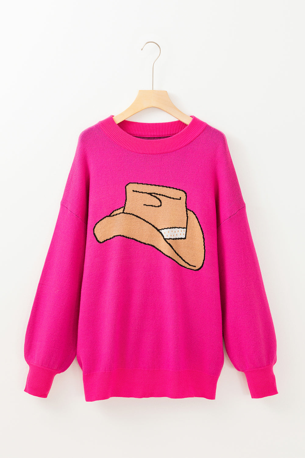 Rose Red YEEHAW Cowboy Hat Drop Shoulder Oversized Sweater Sweaters JT's Designer Fashion