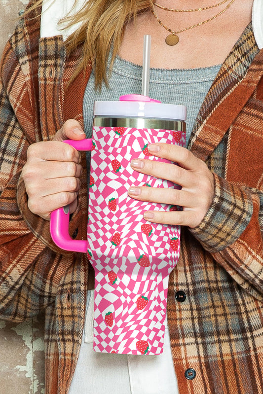 Rose Red Strawberry Checkered Print Handled Tumbler 40oz Tumblers JT's Designer Fashion