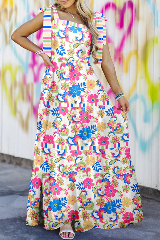 Rose Red Striped Trim Self-tie Straps Floral Maxi Dress Rose Red 100%Polyester Floral Dresses JT's Designer Fashion