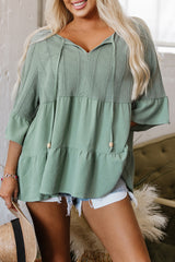 Laurel Green Tie Split Neck Textured Ruffle Patchwork Blouse Blouses & Shirts JT's Designer Fashion