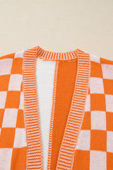 Orange Checkered Bubble Sleeve Drop Shoulder Open Cardigan Plus Size Sweaters & Cardigans JT's Designer Fashion