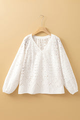 White Eyelet Embroidered Puff Sleeve V Neck Blouse Blouses & Shirts JT's Designer Fashion