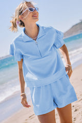 Beau Blue Ribbed Texture Half Zip Ruffled Short Sleeve Top and Shorts Set Short Sets JT's Designer Fashion