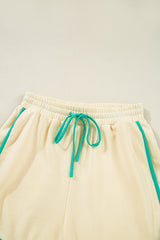 White Contrast Trim Colorblock Long Sleeve Pullover and Drawstring Shorts 2pcs Outfit Short Sets JT's Designer Fashion