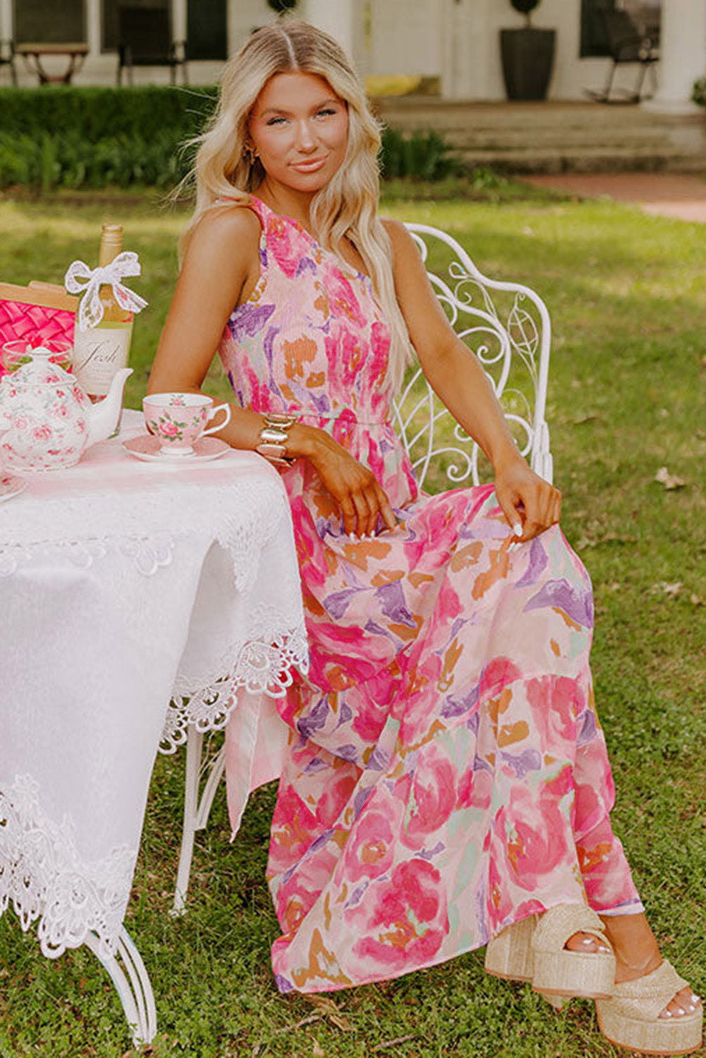 Pink Abstract Floral Print Shirred One Shoulder Maxi Dress Floral Dresses JT's Designer Fashion