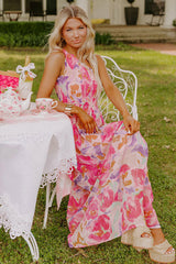 Pink Abstract Floral Print Shirred One Shoulder Maxi Dress Floral Dresses JT's Designer Fashion