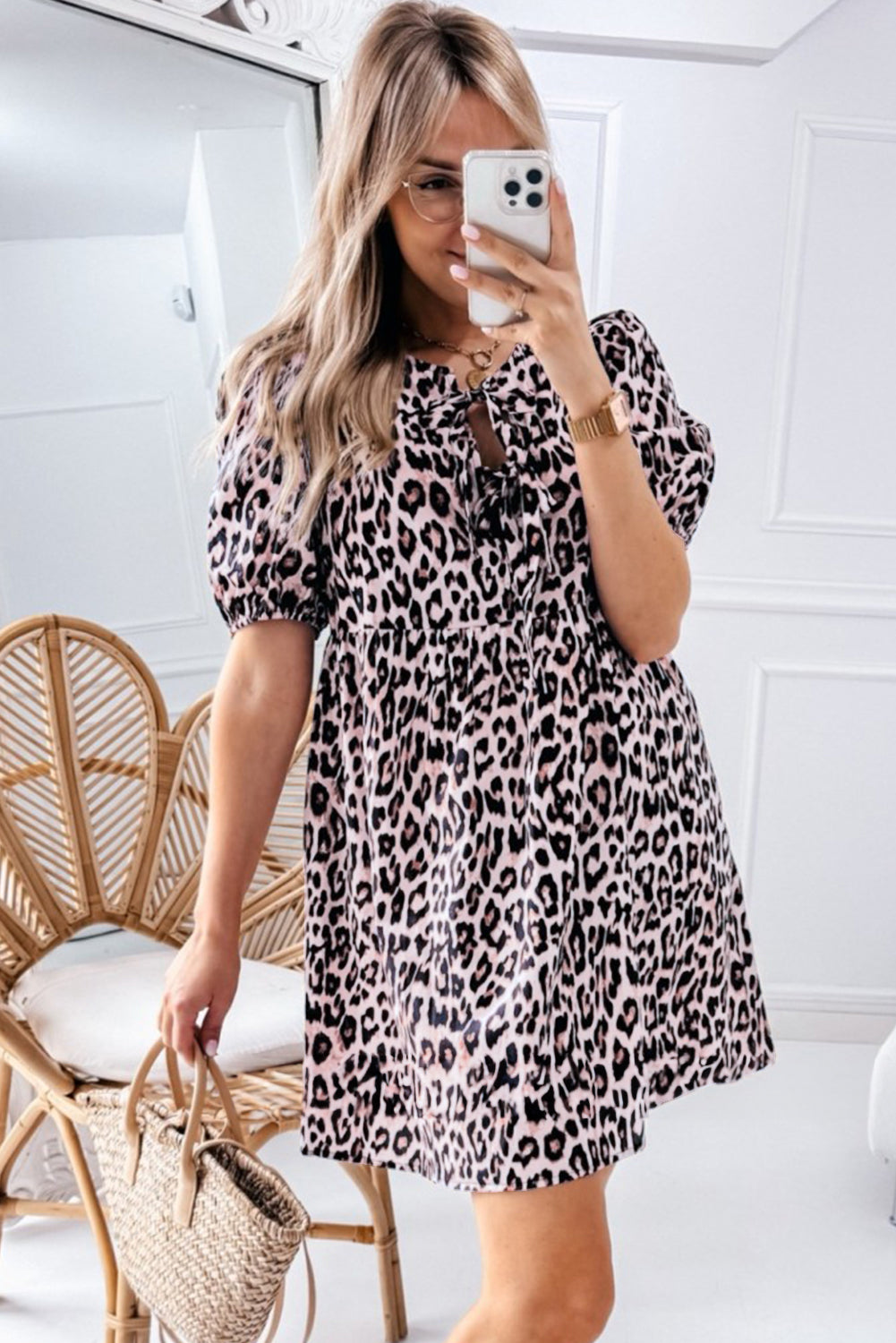 Brown Leopard Tied Front Keyhole Puff Short Sleeve Mini Dress Mini Dresses JT's Designer Fashion