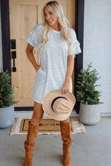 White Stripe Ruffled Short Sleeve Crew Neck T Shirt Shift Mini Dress T Shirt Dresses JT's Designer Fashion