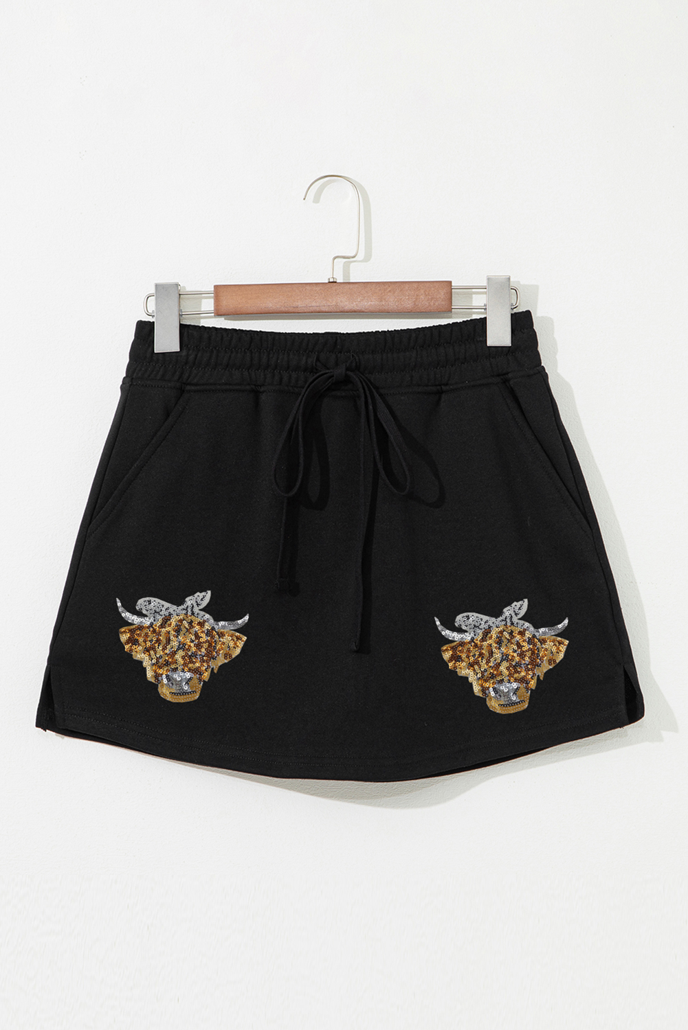 Black Sequin Heifer Patched French Terry Drawstring Skort Graphic Pants JT's Designer Fashion