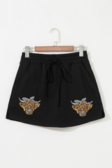 Black Sequin Heifer Patched French Terry Drawstring Skort Graphic Pants JT's Designer Fashion
