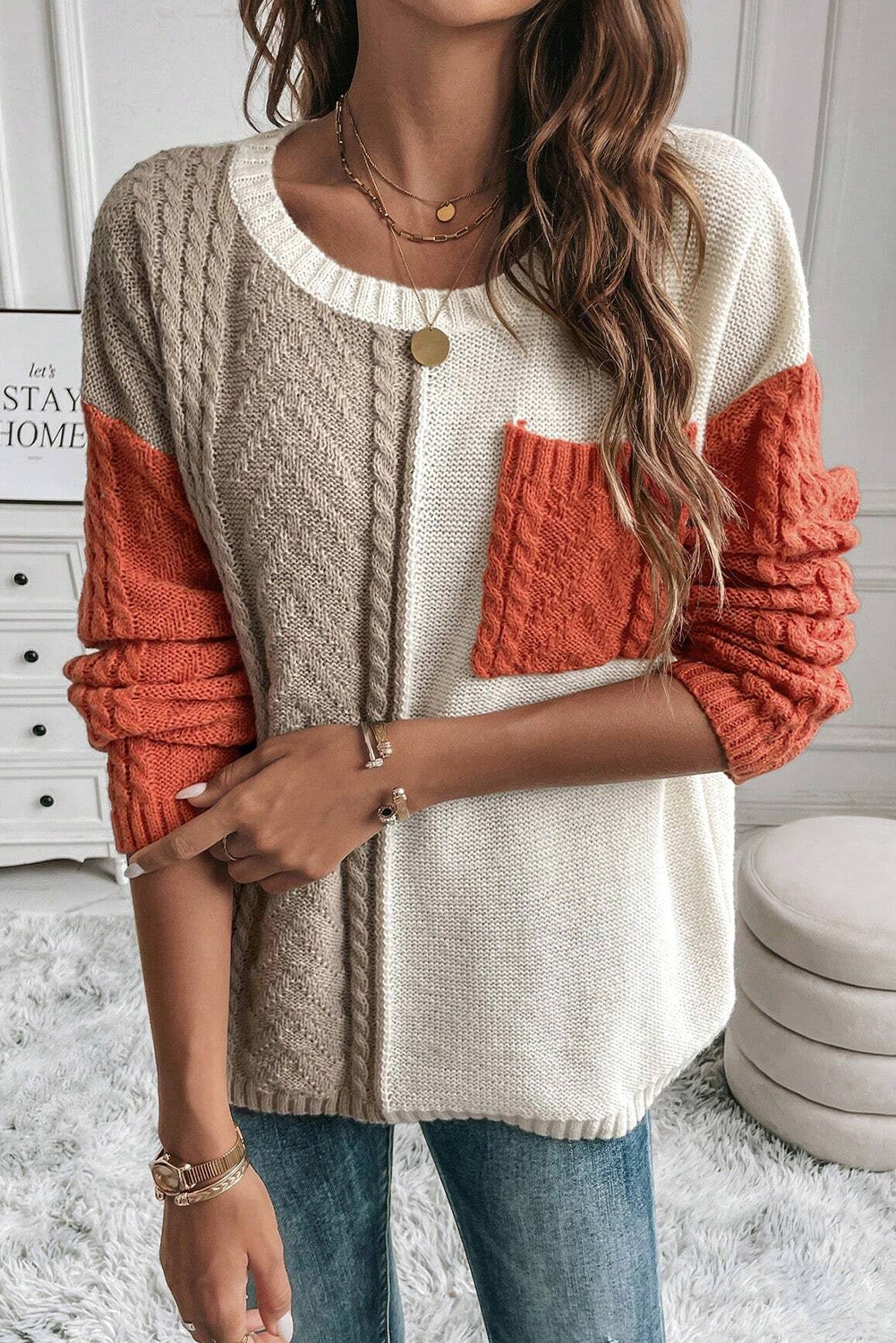 Gold Flame Colorblock Patched Pocket Drop Shoulder Sweater Sweaters JT's Designer Fashion