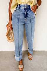 Myosotis Center Seam Cuffed Hem Straight High Waist Jeans Myosotis 65%Cotton+33%Polyester+2%Elastane Jeans JT's Designer Fashion