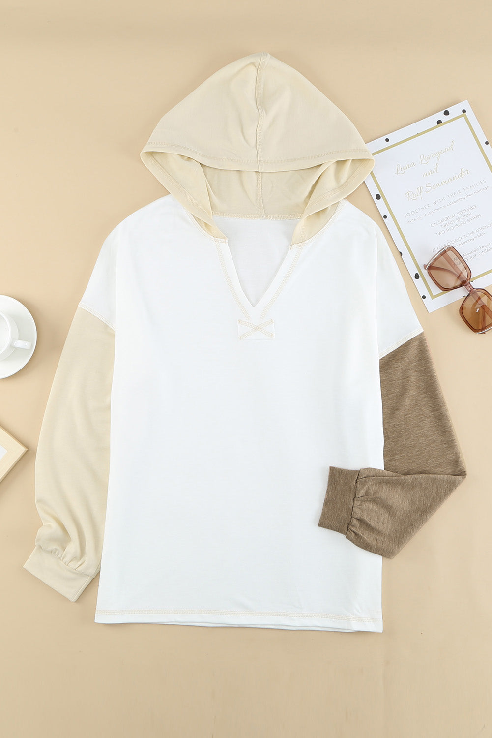 Khaki Colorblock V Neck Long Sleeve Hoodie Sweatshirts & Hoodies JT's Designer Fashion