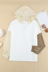 Khaki Colorblock V Neck Long Sleeve Hoodie Sweatshirts & Hoodies JT's Designer Fashion