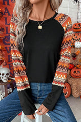 Orange Geo Print Raglan Patchwork Long Sleeve Tee Long Sleeve Tops JT's Designer Fashion