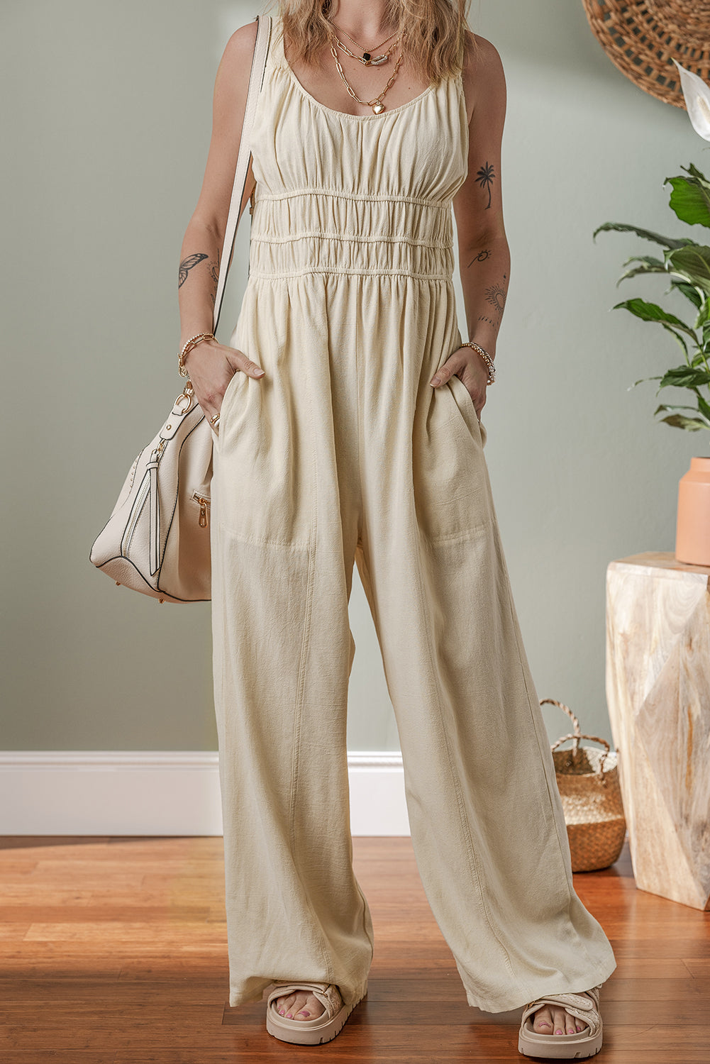 Beige Ruched High Waist Sleeveless Wide Leg Jumpsuit Jumpsuits & Rompers JT's Designer Fashion
