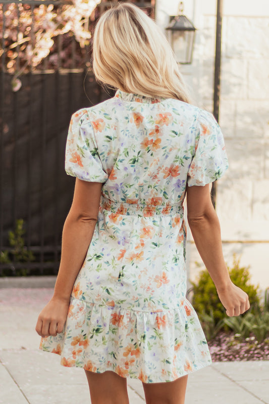 Beige Floral Print Shirred High Waist Puff Sleeve Mini Dress Floral Dresses JT's Designer Fashion