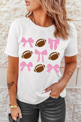 White Bowknot Rugby Football Printed Game Day T Shirt Graphic Tees JT's Designer Fashion