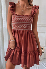 Red Sandalwood Geometric Stitch Shirred Bodice Ruffled Trim Sleeveless Mini Dress Dresses JT's Designer Fashion