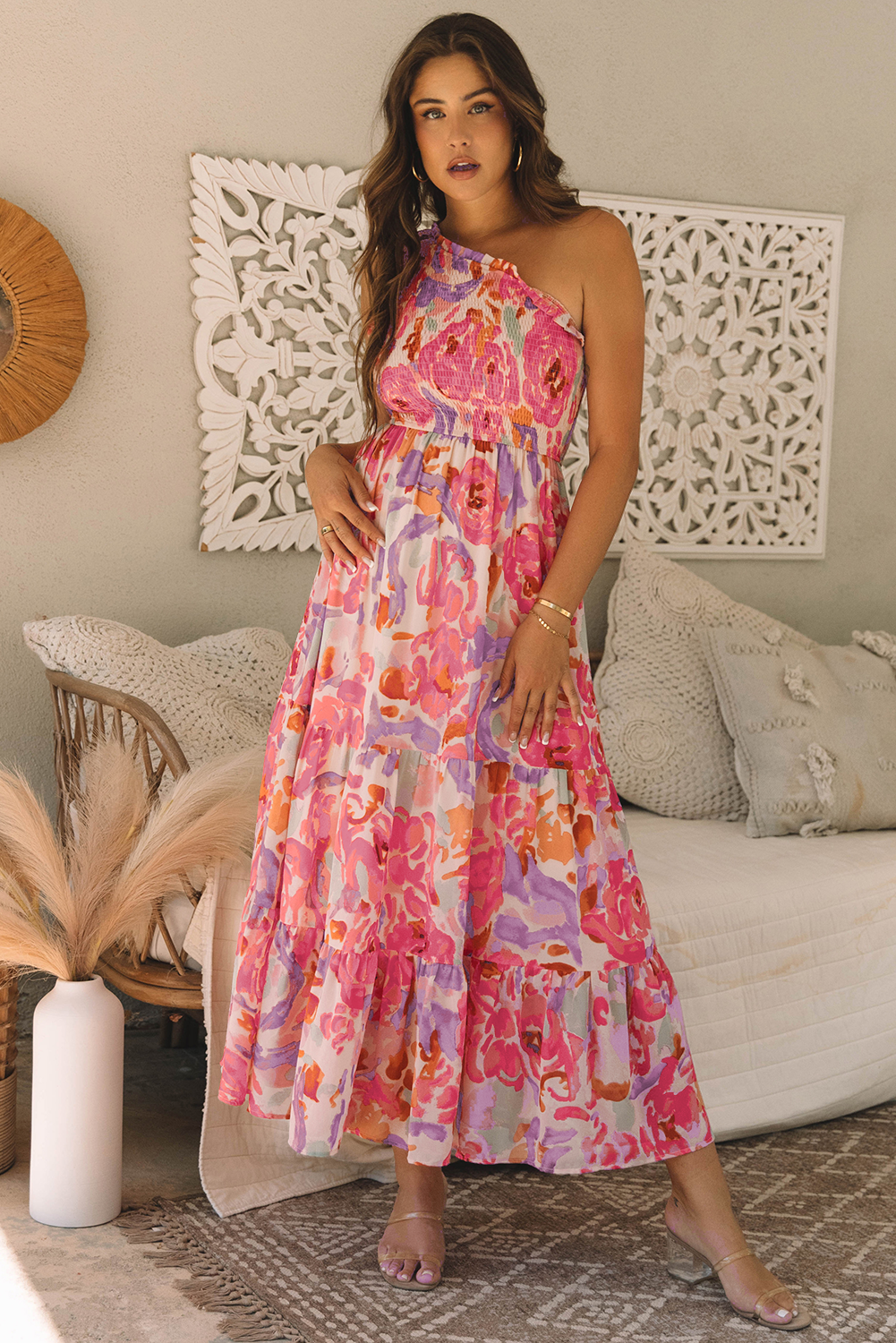 Pink Abstract Floral Print Shirred One Shoulder Maxi Dress Floral Dresses JT's Designer Fashion