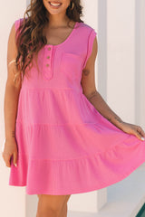 Bright Pink Waffle Textured Button Round Neck A-line Tiered Sleeveless Dress Mini Dresses JT's Designer Fashion