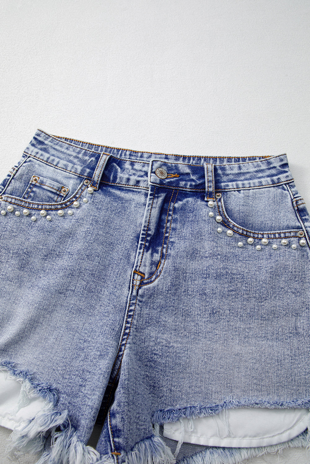 Beau Blue Pearl Studded Pockets Raw Hem Denim Shorts Denim Shorts JT's Designer Fashion
