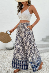 Blue Boho Pattern Print High Waist Wide Leg Loose Pants Pants & Culotte JT's Designer Fashion