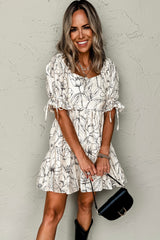 Beige Floral Print Square Neck Shirred Back Puff Sleeve Mini Dress Floral Dresses JT's Designer Fashion