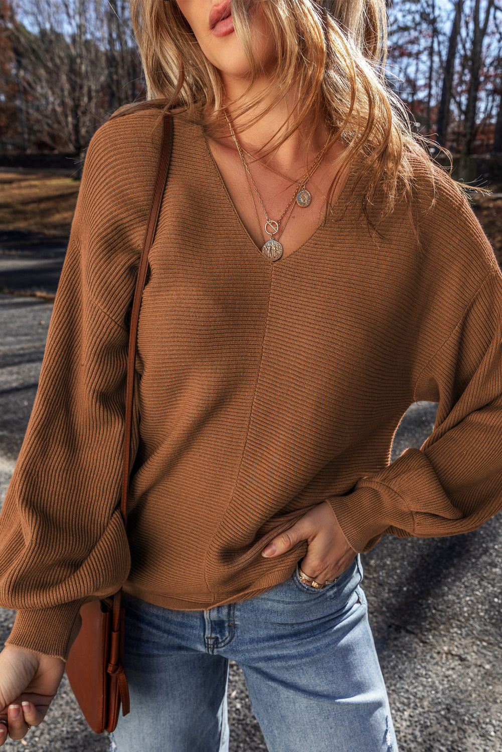 Camel Ribbed Knit Drop Sleeve V Neck Loose Fit Sweater Camel 100%Cotton Sweaters JT's Designer Fashion