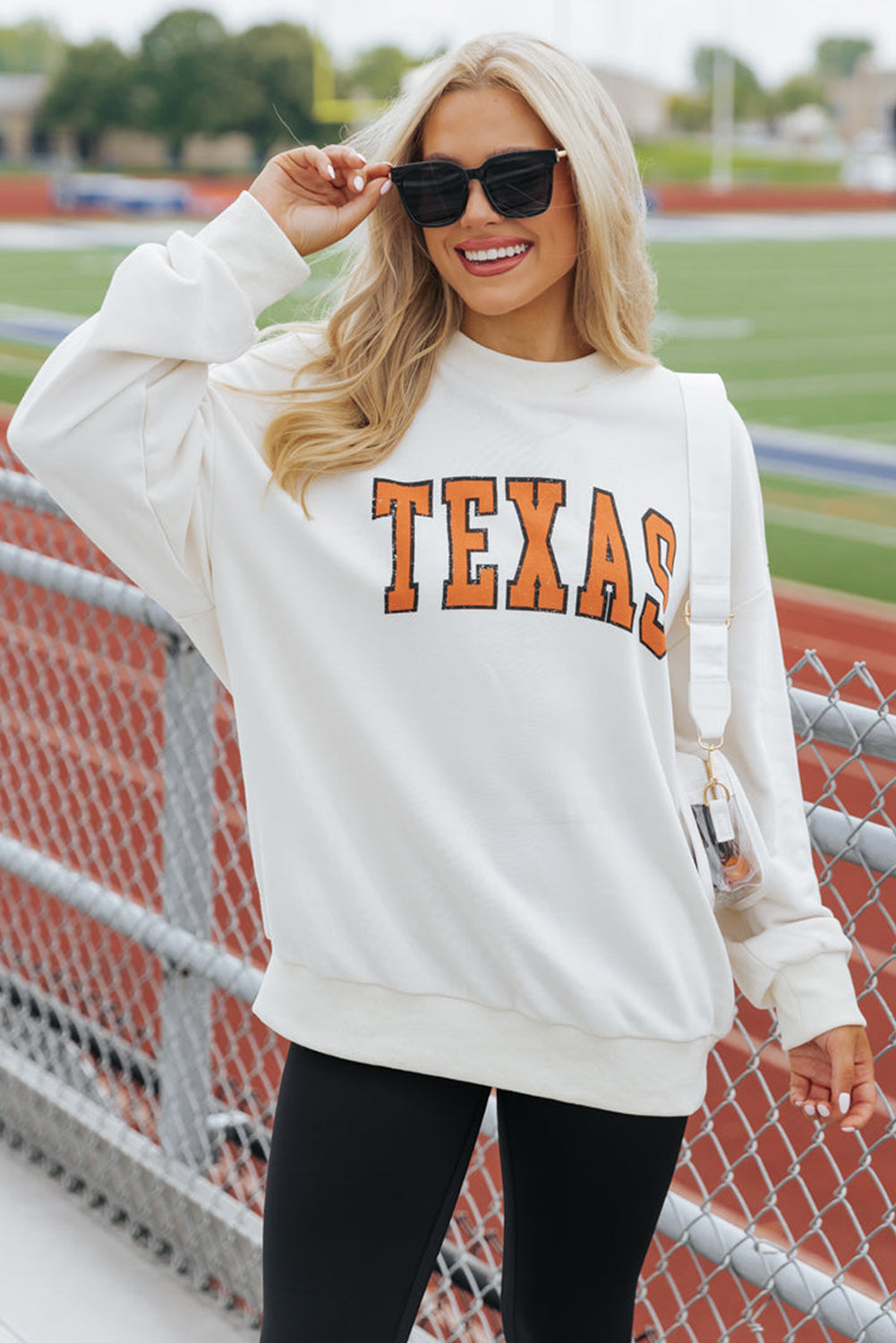 White TEXAS Graphic Drop Shoulder Crewneck Sweatshirt Graphic Sweatshirts JT's Designer Fashion