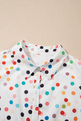 White Polka Dot Print Bubble Sleeve Button Up Plus Size Shirt Dress Plus Size Mini Dresses JT's Designer Fashion