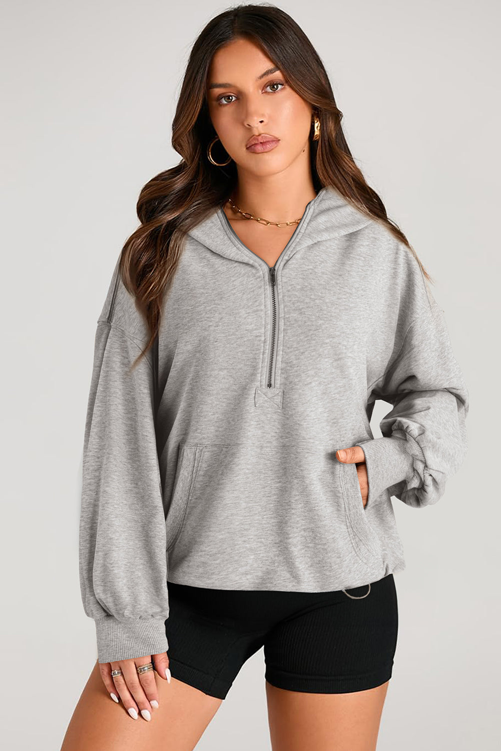 Light Grey Solid Kangaroo Pocket Half Zipper Oversized Hoodie Sweatshirts & Hoodies JT's Designer Fashion