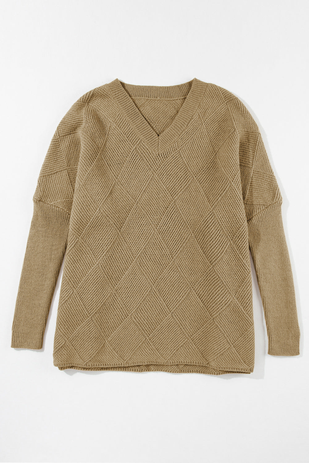 Camel Checkered Textured Batwing Sleeve Sweater Sweaters & Cardigans JT's Designer Fashion