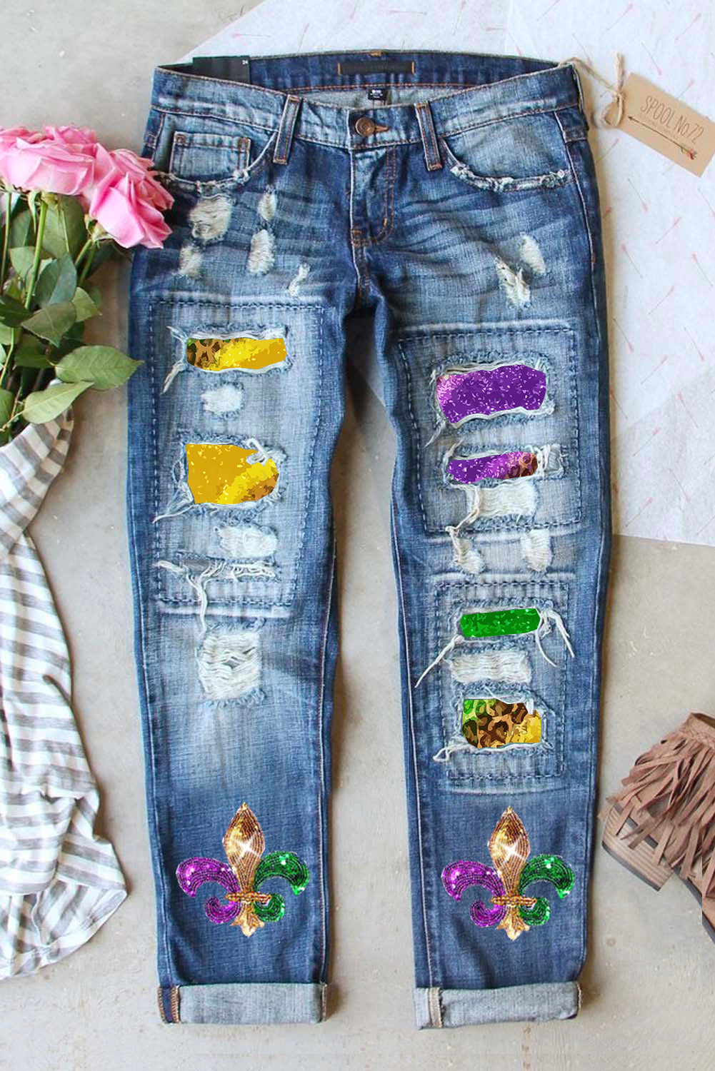Sky Blue Shiny Mardi Gras Fleur-de-lis Patch Distressed Jeans Graphic Pants JT's Designer Fashion