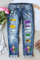 Sky Blue Shiny Mardi Gras Fleur-de-lis Patch Distressed Jeans Graphic Pants JT's Designer Fashion