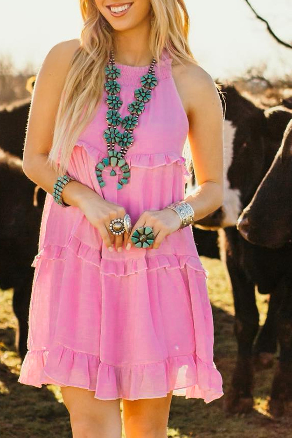 Pink Smocked Neck Knot Back Frilly Tiered Sleeveless Mini Dress Mini Dresses JT's Designer Fashion